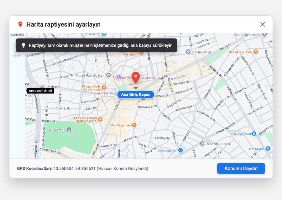 Google Haritalar Raptiyesini Doğru Konumlandırma Arayüzü