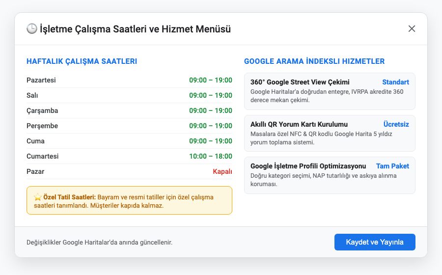 Google İşletme Profili Çalışma Saatleri ve Hizmet Menüsü Düzenleme Ekranı